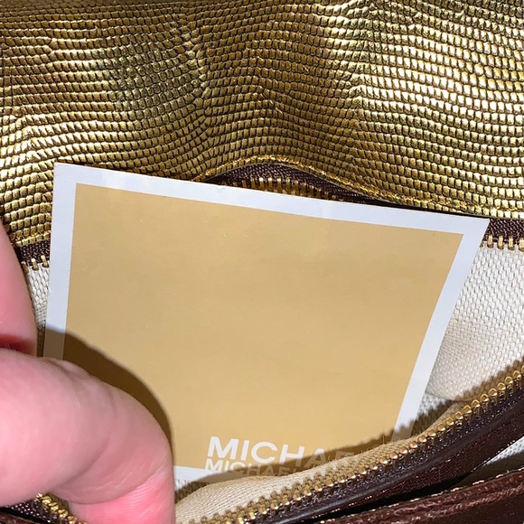 Michael Kors, brown and gold leather studded clutch metal shoulder chain strap - Picture 7 of 7